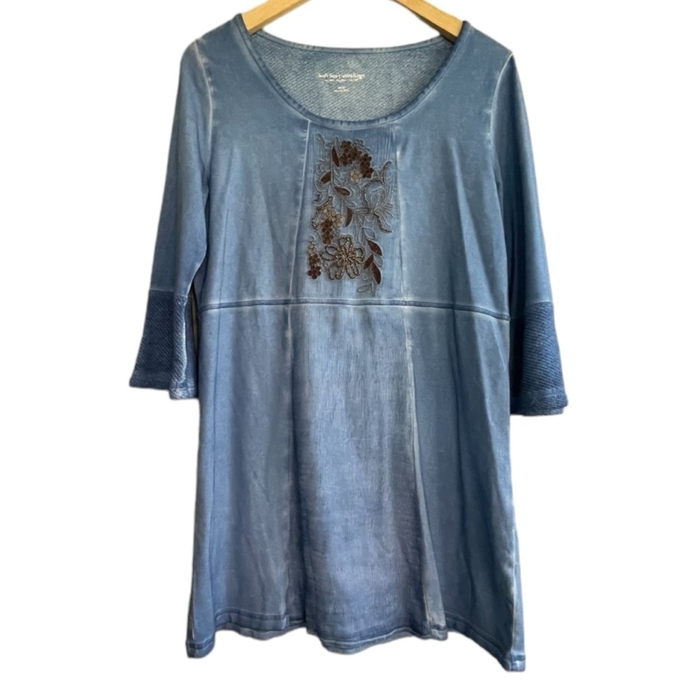 Soft Surroundings women’s Silk Cotton S Floral Beaded Accents Blue 3/4 Sleeve